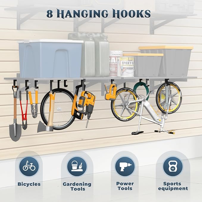Jusgym 4-Pack 2x3ft Garage Shelving Wall Mounted, 2' x 3' Heavy Duty Garage Storage Shelves with Hooks, 1000LB Capacity