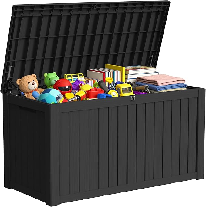 180 Gallon Outdoor Storage Box Resin Deck Box All Weather Waterproof Large Lockable Storage Container Deck Box for Patio Furniture, Garden Tools, Lockable, Black