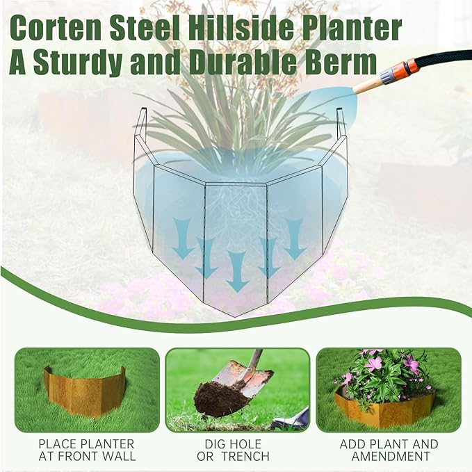 Decoroca Corten Steel Hillside Planter - Innovative & Durable Terrace-Style Planters for Slope Gardening - Prevent Soil Erosion, Beautify Hillsides & Landscapes (40" W x 18" H/Set of 4)