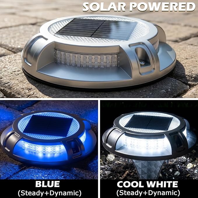 SIEDiNLAR Solar Driveway Lights Outdoor 4 Modes 40 LEDs Marine Dock Light Deck Driveway Markers Waterproof for Garden Step Ground Walkway Pathway Yard, Blue/White Dynamic Lighting (1 Pack)