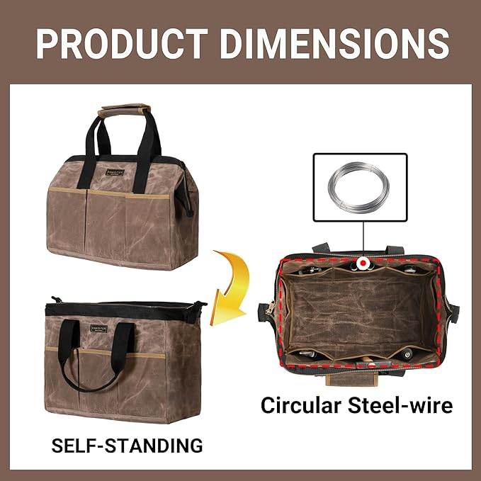 Tool Bag, 15-inch Heavy Duty 16oz Waxed Canvas Wide Mouth Water-Resistant Tool Bag, Tool Tote with Handle for Tools, Wrenches, Screwdrivers (15 X 7.8 X 11.5 inch) | Grey
