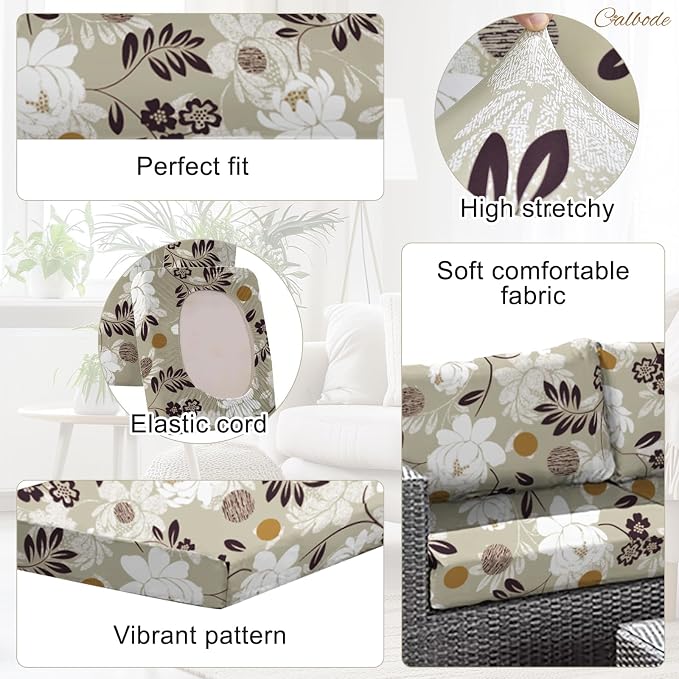 CALBODE 8 Pcs Waterproof Patio Cushion Covers, Floral Printed Stretch Outdoor Sofa Cover for Patio Furniture, Washable Chair Covers Reusable Furniture Protector for Fall Decor (Brown, Cover Only)