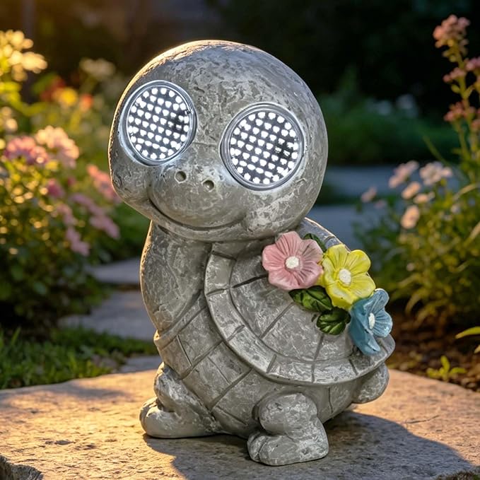Outdoor Solar Garden Statue, Dynamic LED Light with Flower Sculpture, Art Decor for Patio Porch Lawn Backyard, Housewarming Gifts for Women (Stone Turtle)
