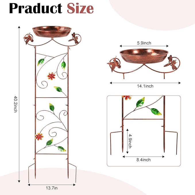 Metal Bird Bath for Outside 40.5" Garden Trellis BirdBath with Hummingbird Decor Small Garden Plant Support Freestanding BirdBath Birdfeeder for Yard, Patio, Garden Decor