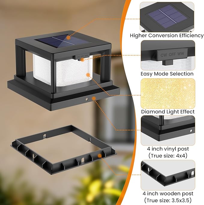 Mlambert 4x4 Solar Post Cap Lights 8-Pack, 2 Lighting Modes Solar Fence Cap for Wooden Vinyl Post, Waterproof Deck Light Patio Porch Decoration, Black