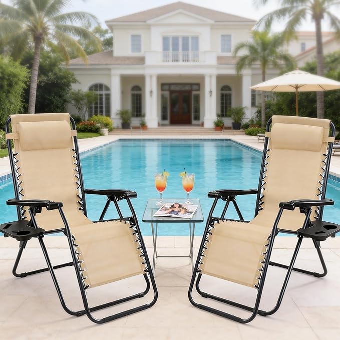 NEWBULIG Zero Gravity Chair Set of 4, Lounge Chair Folding Portable Adjustable Camping Reclining Chairs with Adjustable Pollow, Mesh Back, Cup Holder Trays Lawn Patio Chair for Pool Beach - Tan