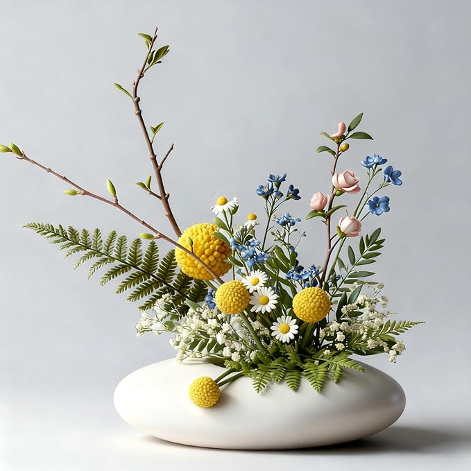 Japanese Inspired Ceramic Vase Ikebana kit, Pebble Shaped Flower Arrangement Bowl with 2inch Flower Frog Pin Frog Flower Stems Holder (White)