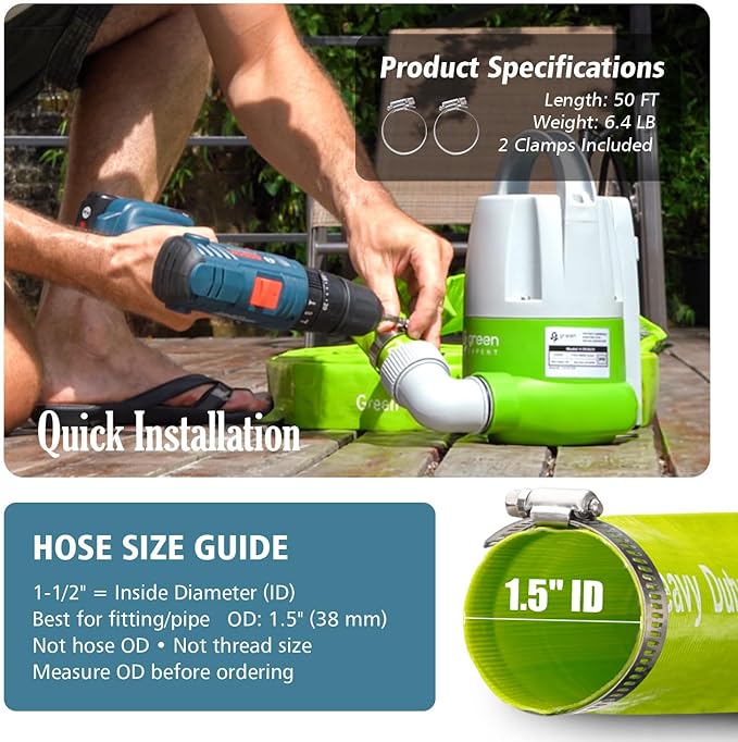 Green Expert 1-1/2" ID PVC Lay-flat Discharge Hose Heavy Duty for Pump Draining Pool Filter Backwash Garden Pond Flooded House Water Disposal, 50 Feet Length with Steel Clamp Kit