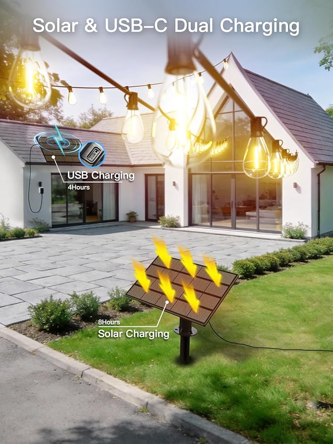 50FT Solar String Lights Outdoor Waterproof, 18+1 LED Solar Powered Lights with Remote Control, 3 Light Modes & Dimmable, USB-C Charging for Patio, Backyard, Garden, Camping
