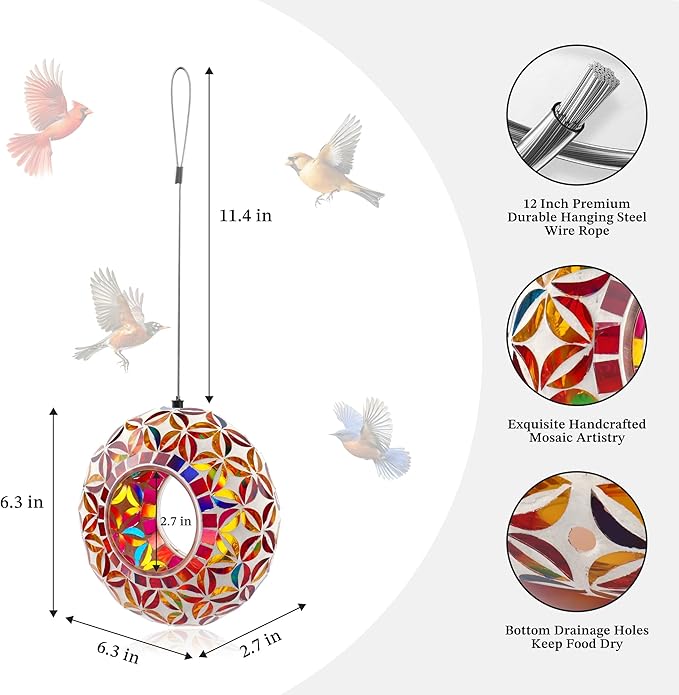 SAVENNA Mosaic Glass Hanging Bird Feeder, 6.3 Inch Handcrafted Outdoor Feeder with Steel Wire Rope, Decorative Garden & Patio Feeder for Wild Birds, Colorful Floral Mosaic Design