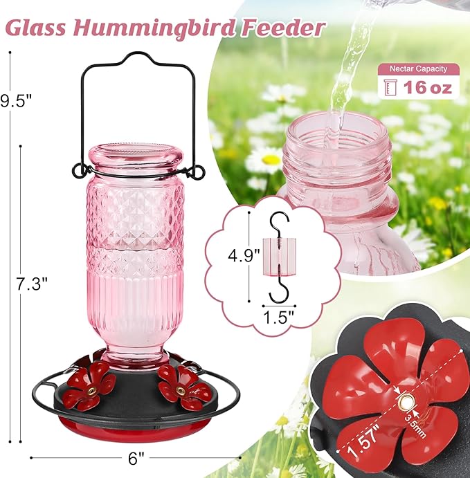 FEED GARDEN Glass Hummingbird Feeder for Outdoors Hanging, 16 OZ Humming Bird Feeders with 4 Bee Guard Feeding Ports & Built-in Ant Moat, Hummingbird Gifts for Mom Bird Feeder for Outside, Pink,2 Pack