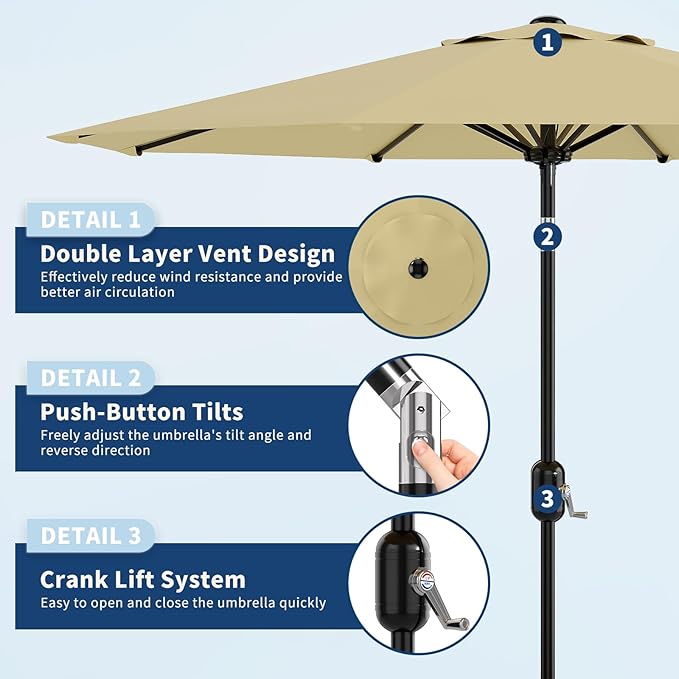10 ft Patio Umbrella - 8 Sturdy Ribs Outdoor Table Umbrella with Crank Lift & Push Button Tilt - Market Umbrella for Pool, Deck, Yard, Garden -Beige