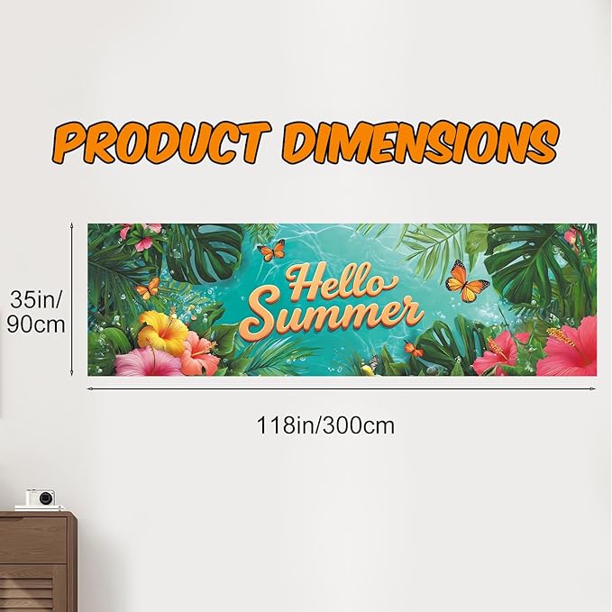 10x3 ft Extra Large Summer Banner Outdoor 115''x35'' Hello Summer Banner for Fence Outside Garden Large Flower Banners Yard