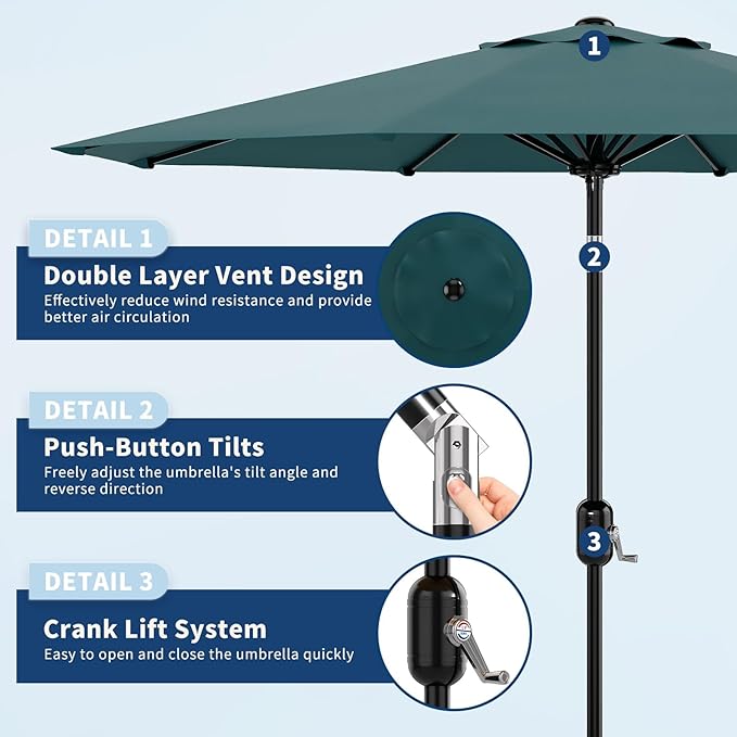 Garvee 9 ft Patio Umbrella - 8 Sturdy Ribs Outdoor Table Umbrella with Crank Lift & Push Button Tilt - Market Umbrella for Pool, Deck, Yard, Garden - Turquoise