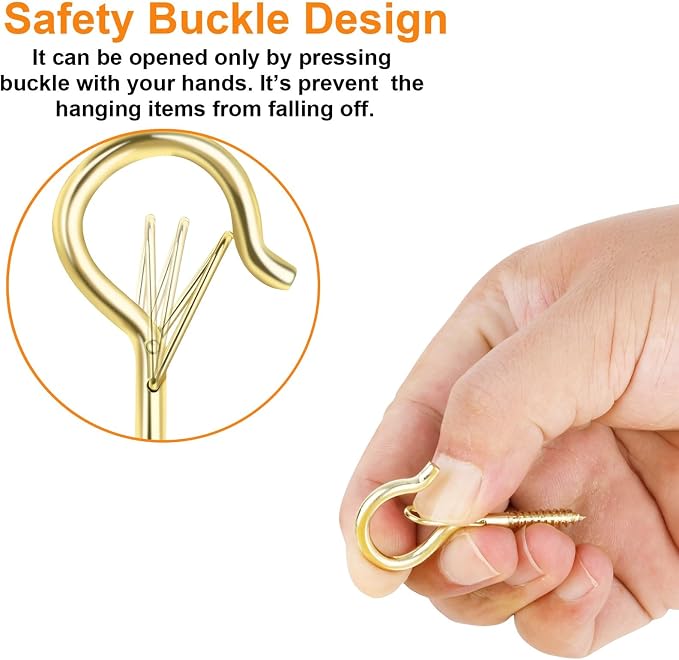 FSAH 35 PCS Screw-in Hooks for Outdoor String Lights, Q Hangers Hooks Outdoor for Outside, Swivel Hanging Basket Patio Light Hooks with Safe Buckle Screw in Planter Eye Hook for Wall Ceiling, Gold
