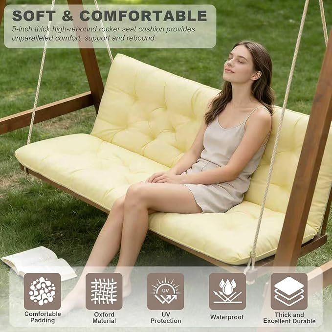 Porch Swing Cushions,Outdoor Cushions 3 Seater Replacement with Backrest, Waterproof Thickened Bench Cushion with Ties for Porch, Patio,Outdoor, Backyard and Garden (Beige Yellow 60 * 40 in)