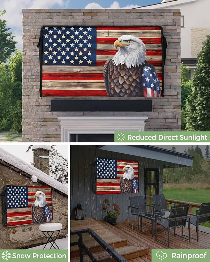 DecorLovee American Flag Outdoor TV Cover 48 to 50 Inches Weatherproof & Waterproof, Vintage Blue Red USA Flag Outdoor TV Enclosure with Remote Control Pocket, Eagle TV Screen Protectors for TV