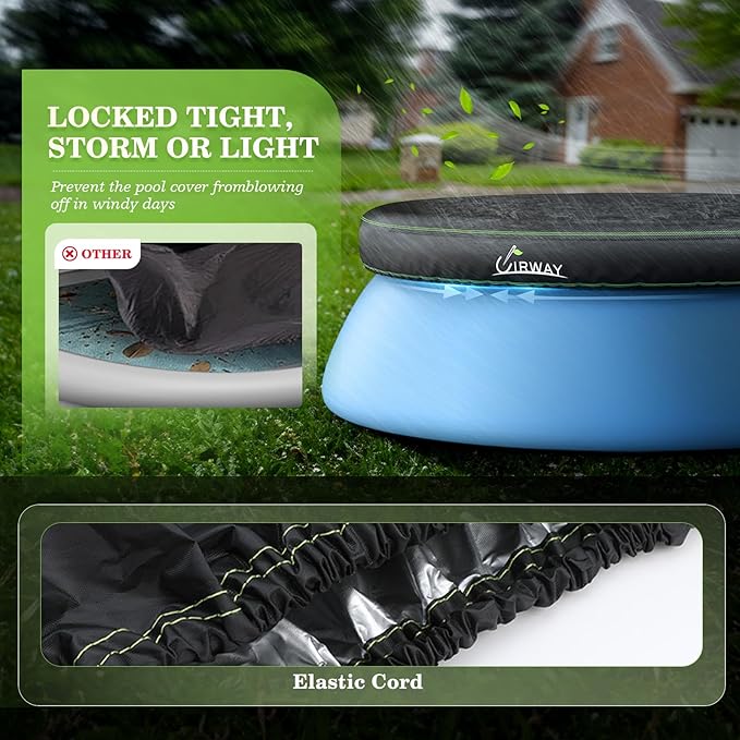 UIRWAY 10FT Round Pool Cover, Inflatable Pool Covers for Above Ground Pools with Elastic Cord - Snug Fit & Easy Set, Outdoor Swimming Pool Cover with 2 Reflective Strip Handles, Black