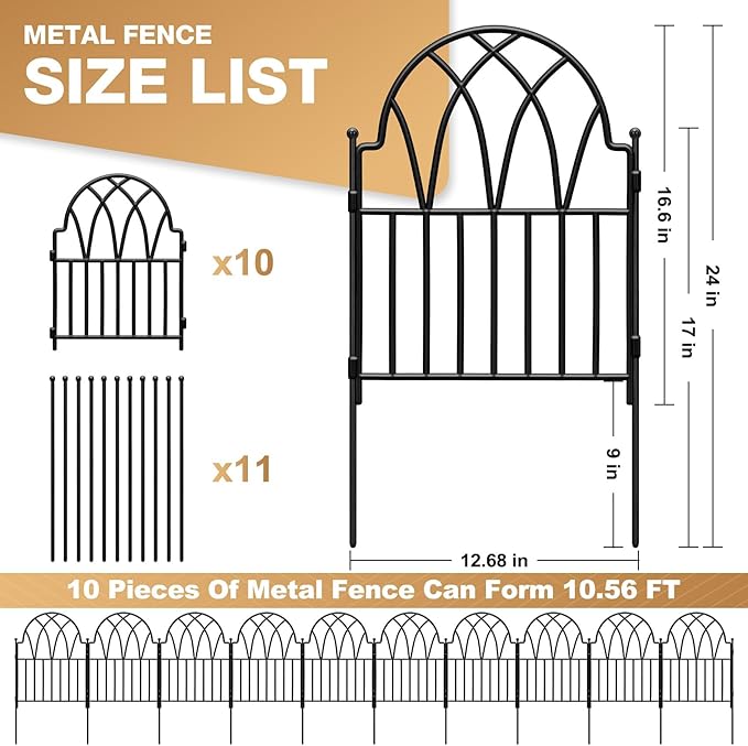 Garden Fence - 17 in(H) x 10.56ft(L) Arched Metal Fence Panel No Dig Fence, Ground Stake Animal Barrier Fence for Dog, Flower Bed Edging Wire Border Panel Fencing for Yard Patio Outdoor Decor