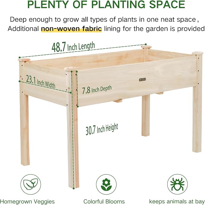 Elevated Wood Raised Garden Bed, 48 x 24 x 30in Wooden Planter Box with Legs, 210LBS Capacity, Non-Woven Liner & 6 Drainage Holes for Backyard Patio Balcony Vegetables Flowers Herbs