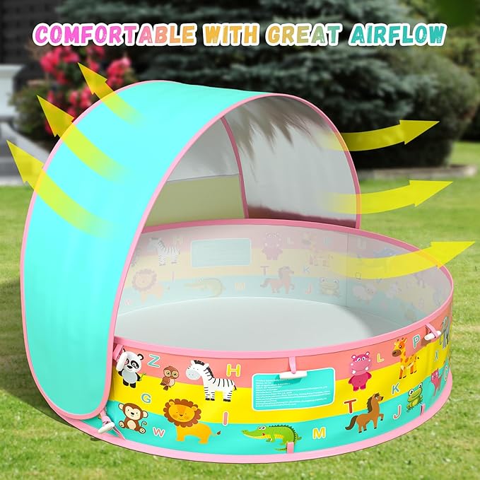 Kiddle Baby Pool with Canopy, Pop-Up Above Ground Pool, Foldable Infant Wading Pool for Toddlers 1-3, Baby Beach Tent, Portable Water Play Sum Toys for Child