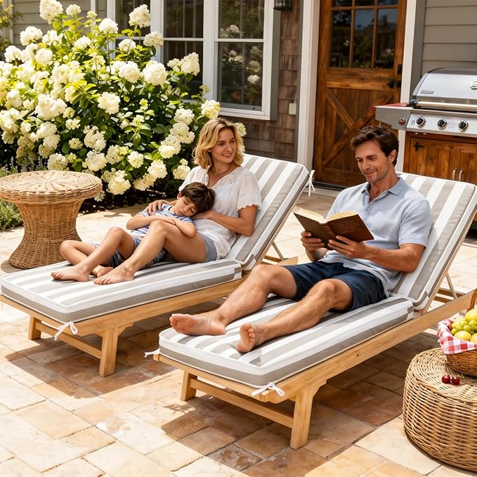 Sundale Outdoor Olefin Chaise Lounge Cushion, Water-Resistant Patio Lounge Chair Cushion, Thick Lounger Pad with 4 Straps Cabana Stripe Tan, 72 x 21 x 4 Inches
