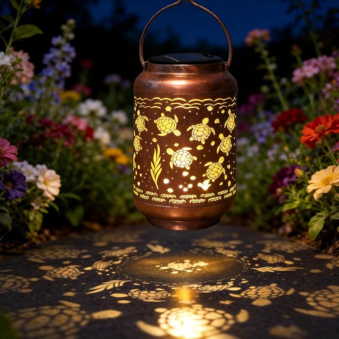 HONGLAND Sea Turtle Solar Lanterns Outdoor Waterproof Hanging Garden Decor, Gifts for Mom Grandma Women, Solar Lights Metal LED with Shepherd Hook for Patio Yard Porch Lawn