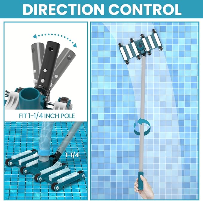 POOLWHALE 14" Professional Pool Vacuum Head with Wheels, Weighted Manual Vacuum Head Attachment, Direction-Control Handle for Inground & Above Ground Pools Clean Remove Debris