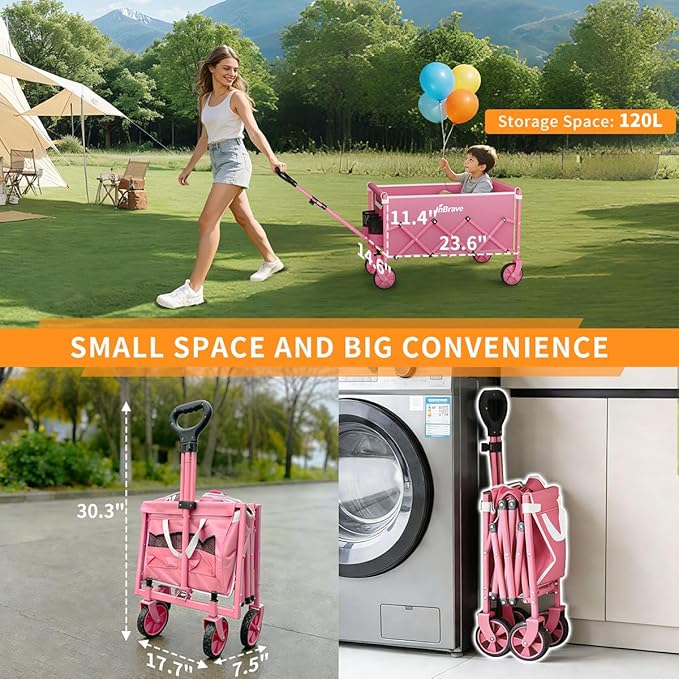 Collapsible Wagon Cart, 380LBS Heavy Duty Utility Wagons with All-Terrain Wheels, Foldable Grocery Carts for Gardening, Shopping, Beach, Camping,Pink
