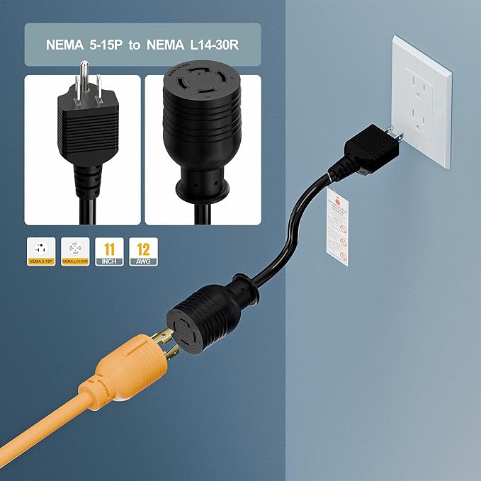 Nema 5-15P to L14-30R Power Adapter Cord, Household 15Amp to Generator Lock in 30Amp Adapter Cord, STW 12AWG Length= 1Foot