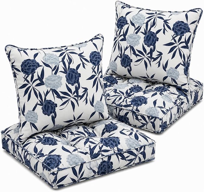 22x22 Waterproof Outdoor Chair Cushions Set of 2, Patio Cushions for Outdoor Furniture Water-Resistant & Fade-Resistant, Deep Seat & Back Cushion for Wicker Sofa (Blue Entrantress)