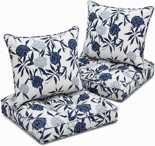 22x22 Waterproof Outdoor Chair Cushions Set of 2, Patio Cushions for Outdoor Furniture Water-Resistant & Fade-Resistant, Deep Seat & Back Cushion for Wicker Sofa (Blue Entrantress)