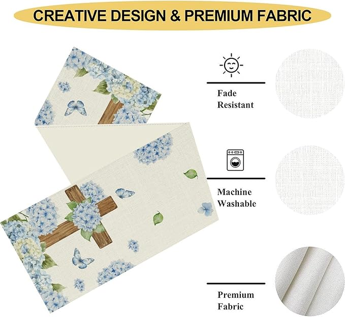 Spring Floral Table Runner, Country Blue Hydrangea Cross Watercolor Spring Summer Seasonal Flower Farmhouse Rustic Table Center Decor for Family Kitchen and Dining Party Table Decorations, 13"x72"