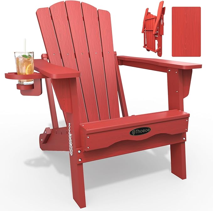 THOEOE Folding Adirondack Chair, HDPE All-Weather Outdoor Chair with Cup Holder, Wooden Textured, Fire Pit Chair, Plastic Patio Chair for Deck, Backyard, Garden, Lawn, Red