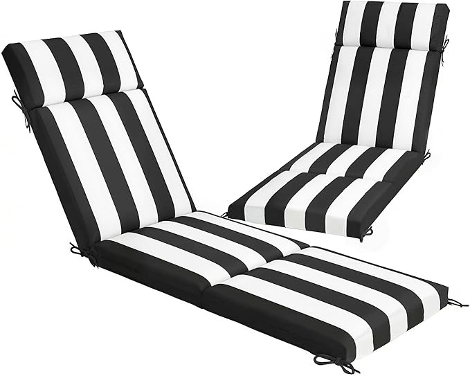 Outsunny Outdoor Chaise Lounge Cushions Set of 2, Chaise Lounge Cushions with 6 Ties, High-Density Foam, 72 x 21.1 x 2.6 Inch Water-Repellent and UV-Resistant for Patio, Poolside, Black and White