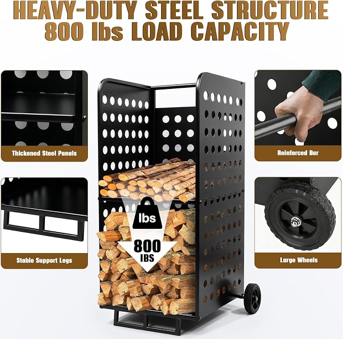Firewood Rack Outdoor Heavy Duty 800lbs - Rolling Firewood Cart with Wheels, All Weather Fire Wood Storage Rack Indoor Outdoor