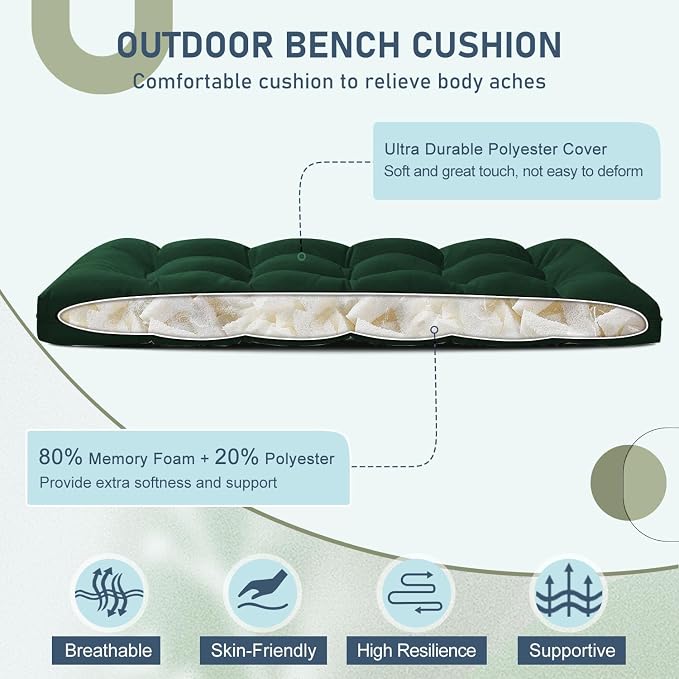 downluxe Outdoor Bench Cushion for Patio Furniture, Water Resistant Tufted Overstuffed Porch Swing Cushions, Thick Outdoor Loveseat Cushions, 48" X 18" X 5", Forest Green, Set of 1
