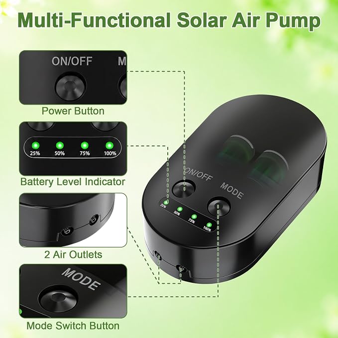 15W Solar Pond Aerator, Solar Air Pump with 3 Working Modes, 22H/55H/110H Long Runtime, Dual Air Outlets Quiet Solar Aerators for Pond, Fish Tank, Hydroponics