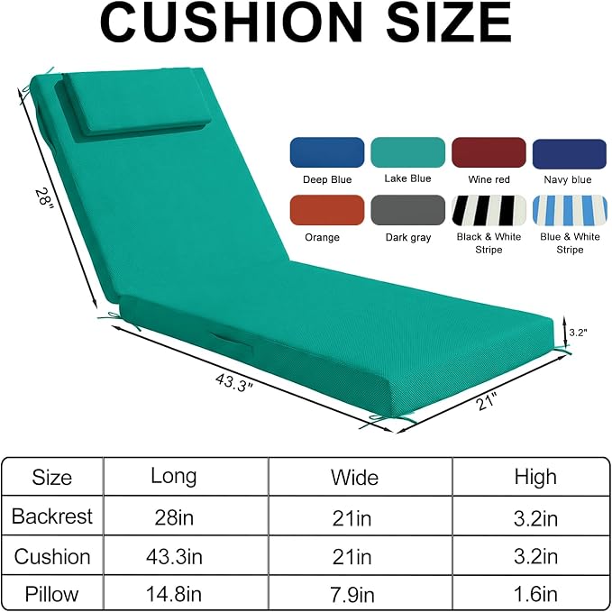 Outdoor Chaise Lounge Cushions, 72x21 Inch Olefin Water & Fade Resistant Pool Lounge Chair Cushions, Patio Sun Lounger Pad with Pillow & Straps for Patio, Pool, Deck, Lawn, Lake Blue