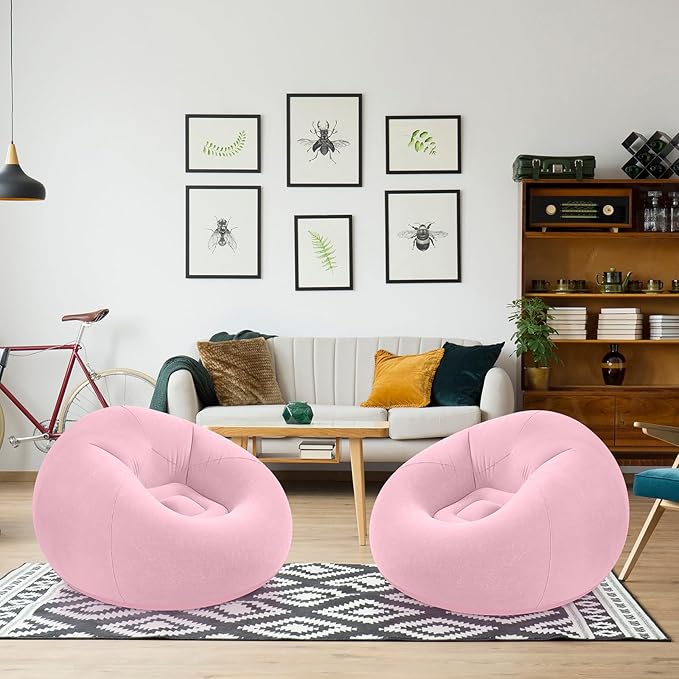 Realspring Inflatable Bean Bag Chairs Outdoor Blow up Camping Chairs Inflatable Lazy Sofa Folding Portable Bean Bag Loungers Couch for Movie Night (Light Pink,2 Pcs)