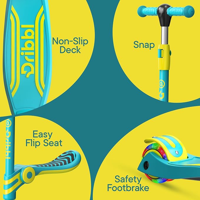 Aqua and Yellow 3 Wheel Scooter with Seat for Kids, Light-Up Wheels, Adjustable Lean to Steer Handlebar and Seat, Smooth Wheels, Wide No-Slip Deck, Rear Foot Brake, Toddler Outdoor Toys for Ages 2+