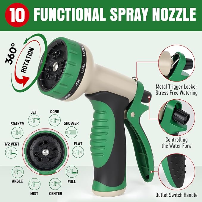 Heavy Duty Garden Hose 100 ft, NON-EXPANDABLE Water Hose with 10 Function Spray Nozzle, Lightweight Kink-less Hybrid Hose with Swivel Handle, Male to Female Fittings