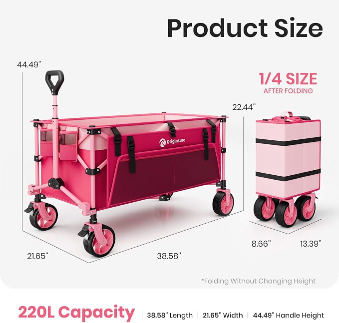 220L Collapsible Wagon Cart Foldable, 38" L Extra Large Heavy Duty Folding Beach Wagons with All-Terrain Wheels, Utility Carts for Camping, Sports, Shopping, Groceries - Pink