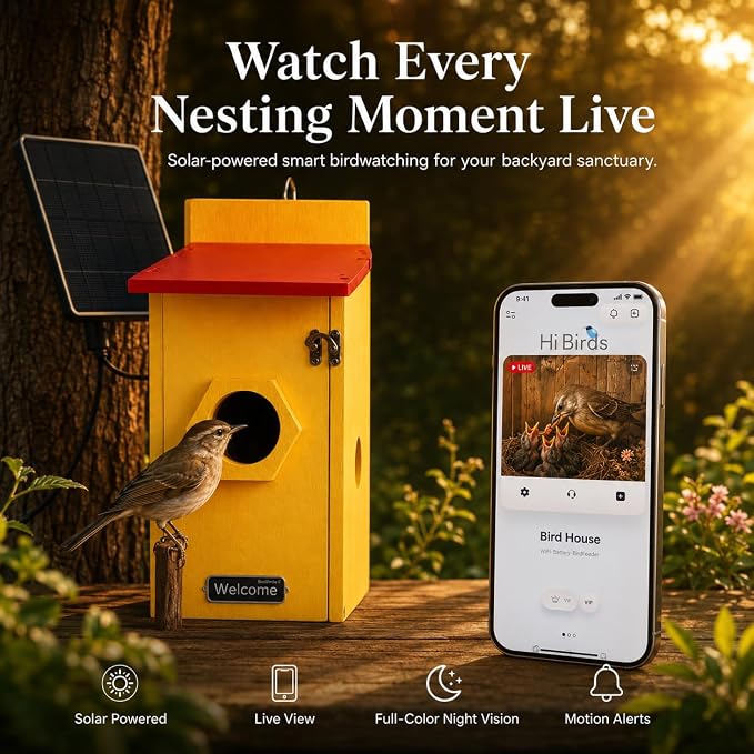 Smart Bird House with Camera, Solar Powered Birdhouse for Outdoor Bird Watching, AI Bird Recognition, 4MP Live View, Full-Color Night Vision, App Control, IP66 Waterproof