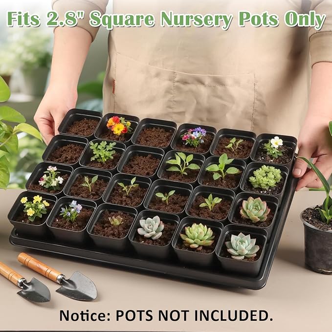 24 Cell Nursery Pots Trays 5 Pack (17"x11"x1.6"), Reusable Plant Pot Tray for Holding 2.8 inch (7CM) Square Nursery Pots, Durable Plastic Carrying Seed Starter Tray with Drain Holes (Black)