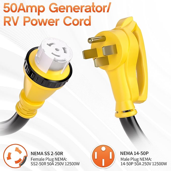 10FT 50 Amp Generator Cord, NEMA 14-50P/SS2-50R Heavy-Duty 4 Conductors Cable, Pure Copper STW RV Extension Cord, Female Plug with Twist Lock, Suitable for RV or Camper, ETL Listed