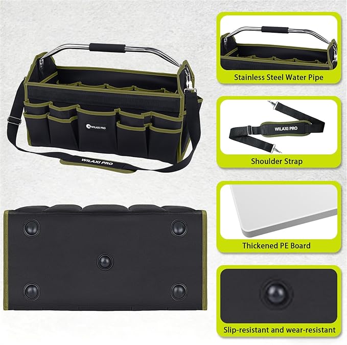 22in Tool Bags For Men Heavy Duty, 33 PCS Pockets Tool Bag Organizer Foldable Open Top Tool Bag With Handle, Wide Mouth Electrician Tool Tote, Green