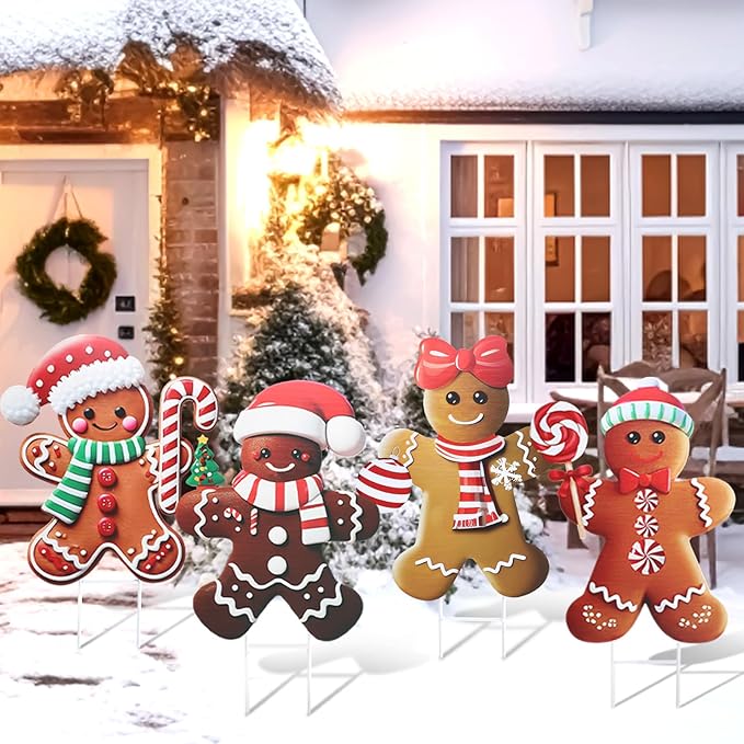 Weysat 4 Pack Christmas Metal Yard Stakes 15.75 Inch Gingerbread Man Yard Sign Stake Christmas Decorations Outdoor for Outside Xmas Gingerbread Decorations for Garden Lawn Pathway Party Decor