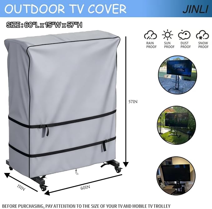 JINLI 60-65 inch outdoor TV trolley cover, courtyard TV cover, Oxford fabric waterproof and dustproof, triple windproof design, compatible with rolling/mobile stand,Grey