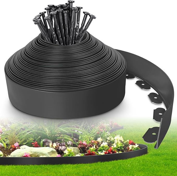 4-Inch x 50 FT Landscape Edging Border with 75 Spikes, Garden Edging Lawn Border Kit, Plastic Edging Border Flexible for Garden Flower Beds Lawn Yard Pathway Paver Edging (Black)